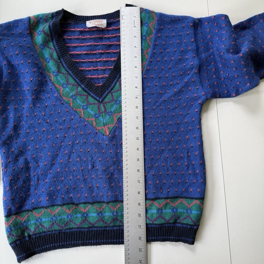Vintage 80s Beldoch‎ Popper Women’s V-Neck Sweater Blue Green Geometric Size M - Picture 11 of 12